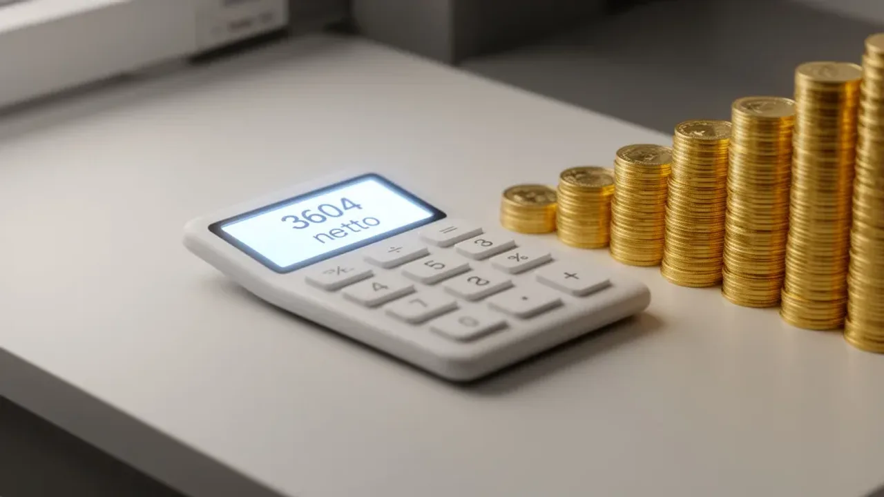 3604 brutto ile to netto? Praktyczne wyliczenia wynagrodzenia w 2025 roku Kalkulator finansowy wyświetlający wynik dla zapytania 3604 brutto ile to netto na biurku biurowym.