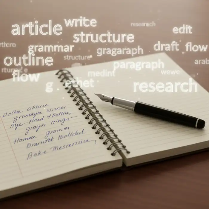Artykuł po angielsku: Jak napisać? Praktyczne wskazówki do napisania artykułu Zbliżenie na otwarty notatnik z piórem, otoczony unoszącymi się angielskimi słowami związanymi z pisaniem artykułu po angielsku.