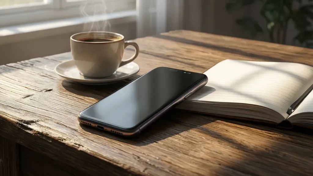 Co odpisać na co porabiasz? Praktyczny poradnik skutecznej odpowiedzi Smartfon na biurku z kawą jako ilustracja artykułu o tym, co odpisać na co porabiasz.