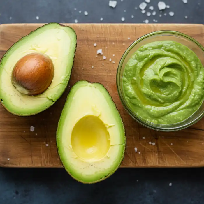 Czy można mrozić awokado? Jak zamrozić owoc i zapobiec brązowieniu Awokado dojrzałe połówki i purée z sokiem z cytryny, ilustrujące, czy można mrozić awokado.