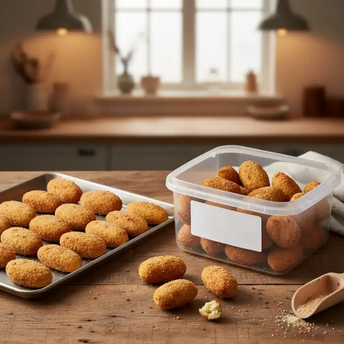 Czy można mrozić krokiety? Patent na szybki obiad – mrozić krokiety bez panierki czy przygotować? Złociste krokiety na desce, ilustracja pokazująca, czy można mrozić krokiety.