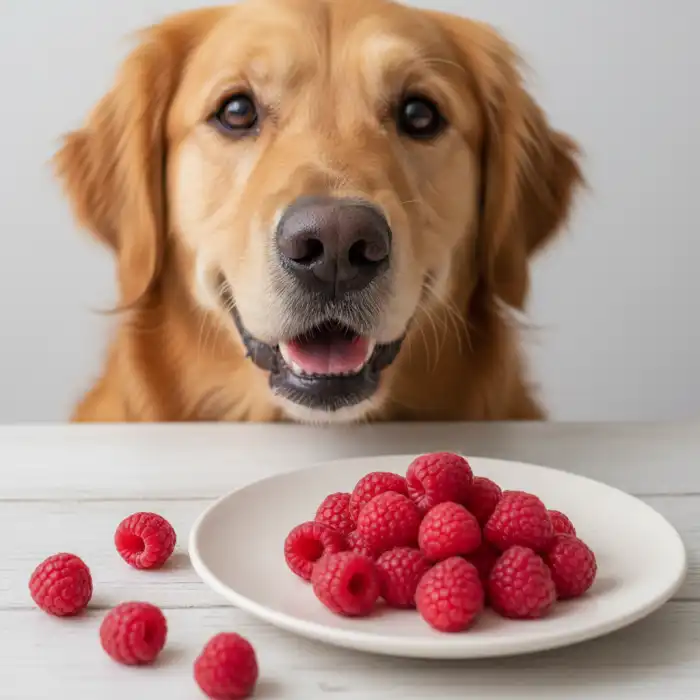 Czy pies może jeść maliny? Owoce, ksylitol i jak jeść maliny bez obaw Zdjęcie psa patrzącego na maliny, ilustrujące pytanie: czy pies może jeść maliny.