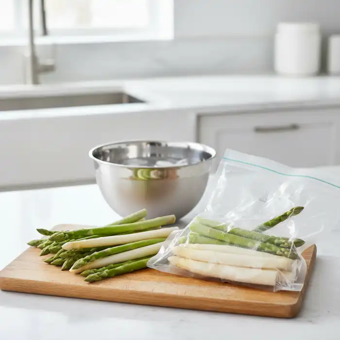 Czy szparagi można mrozić? Sprawdź, jak przechowywać i cieszyć się smakiem szparagów Czy szparagi można mrozić: świeże zielone szparagi w woreczku do zamrażania.