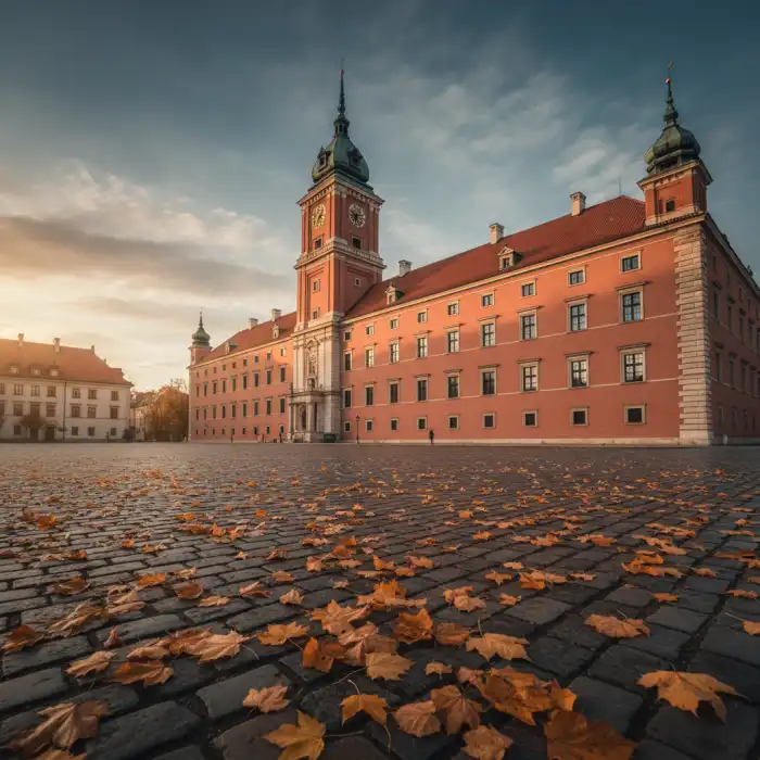Darmowe Muzea Warszawa Listopad 2026: Darmowy Listopad Królewski Widok na zabytkowy pałac z jesiennymi liśćmi w ramach akcji darmowe muzea warszawa listopad.