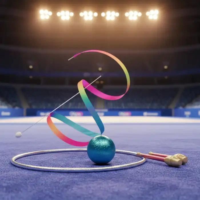 Gimnastyka artystyczna olimpiada 2024: Zasady, wyniki igrzysk olimpijskich Przybory do gimnastyki artystycznej: obręcz, piłka, wstążka i maczugi na planszy gimnastycznej, symbolizujące gimnastyka artystyczna olimpiada.