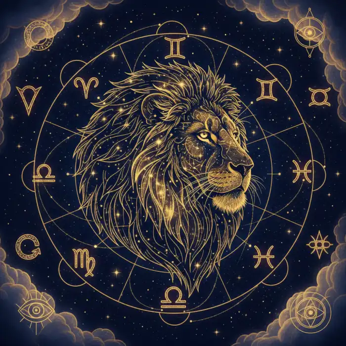 Horoskop Dzienny Lew Sennik: Twój Dzisiejszy Znak Zodiaku Sylwetka lwa na tle nocnego nieba z astrologicznymi symbolami, nawiązująca do horoskop dzienny lew sennik.