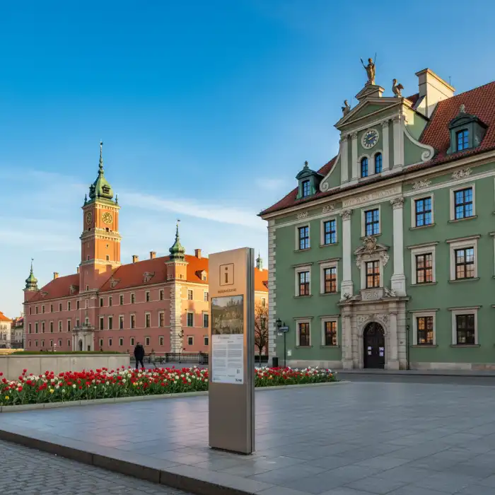 Informacja turystyczna Warszawa: Centrum, punkty, porady Ilustracja miasta Warszawa z elementami informacji turystycznej, symbolizująca informacja turystyczna warszawa.