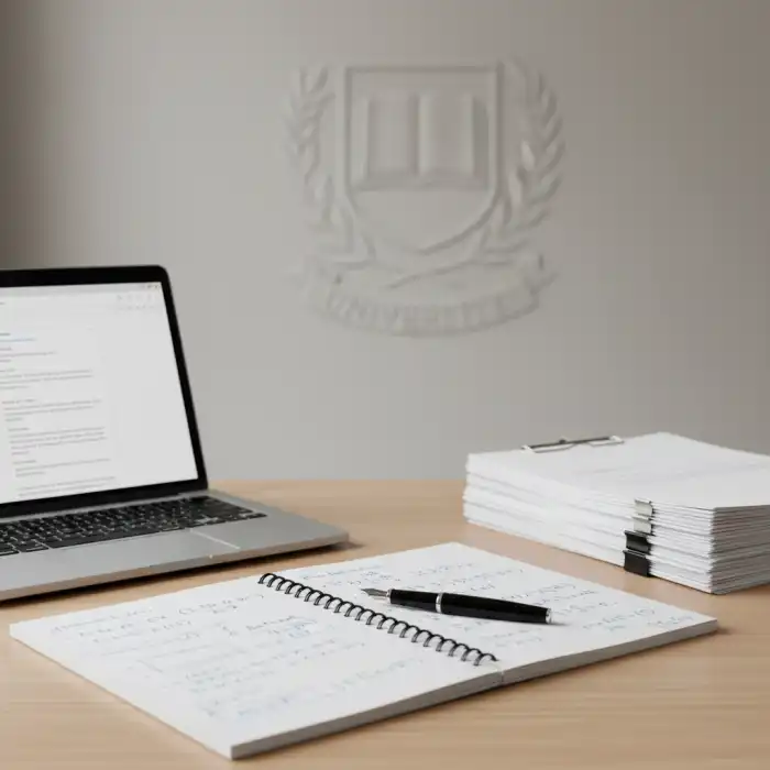 Jak napisać maila do dziekanatu: Poradnik dla studenta uczelni Stół akademicki z otwartym laptopem prezentującym wersję roboczą maila do dziekanatu, notatnikami i długopisem.