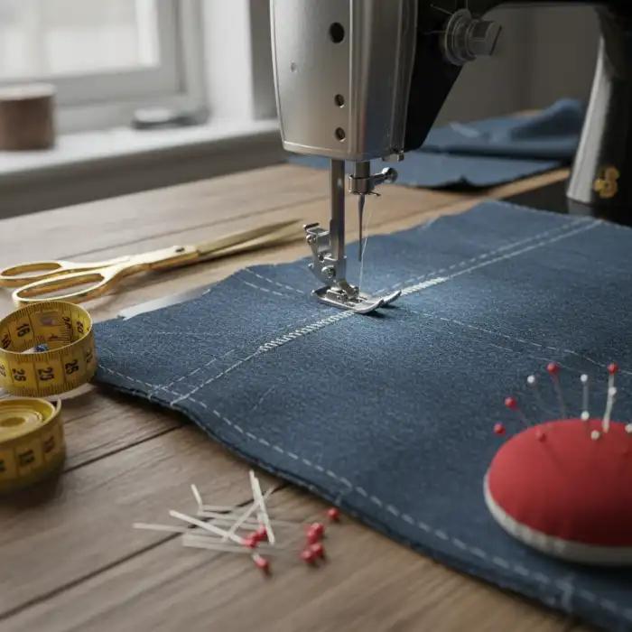 Jak zwęzić spodnie na całej długości: Przeróbka z maszyną i poprawki krawieckie Zdjęcie przedstawiające narzędzia krawieckie i fragment spodni, ilustrujące jak zwęzić spodnie na całej długości.