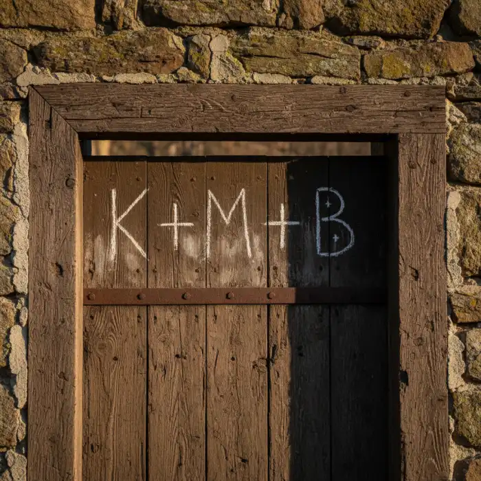 K+M+B: kmb, izolacja, hydroizolacja, masy kmb, zabezpieczenie przed wilgocią Napis K+M+B kredą na drewnianych drzwiach domu, symbol błogosławieństwa.