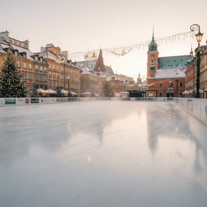 Lodowiska Warszawa: Bezpłatny Sezon 2026, Stare Miasto, Wypożyczenie Lodowiska warszawa - oświetlona tafla lodowiska o zmierzchu z widokiem na historyczną architekturę.