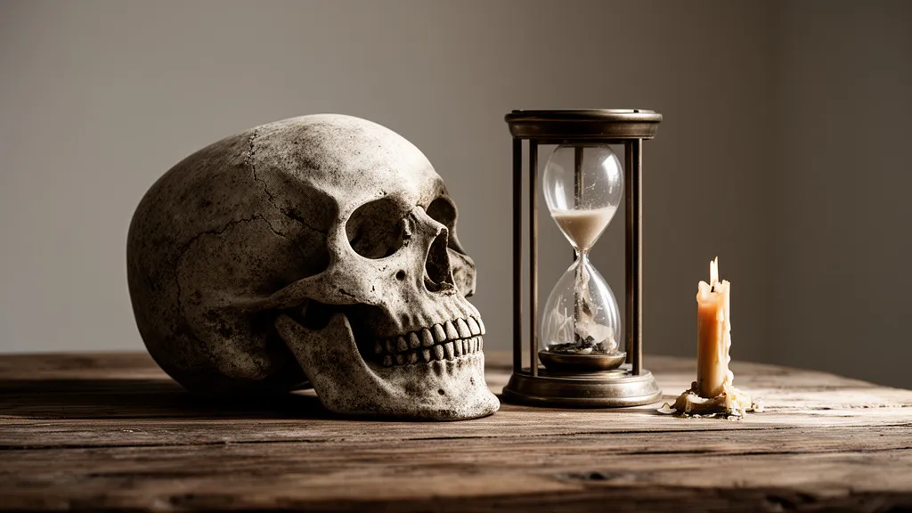 Memento mori: kto powiedział? Geneza i sens łacińskiej sentencji Stojąca na drewnianym stole czaszka i klepsydra jako wizualna ilustracja pytania memento mori kto powiedział w kontekście historycznym.