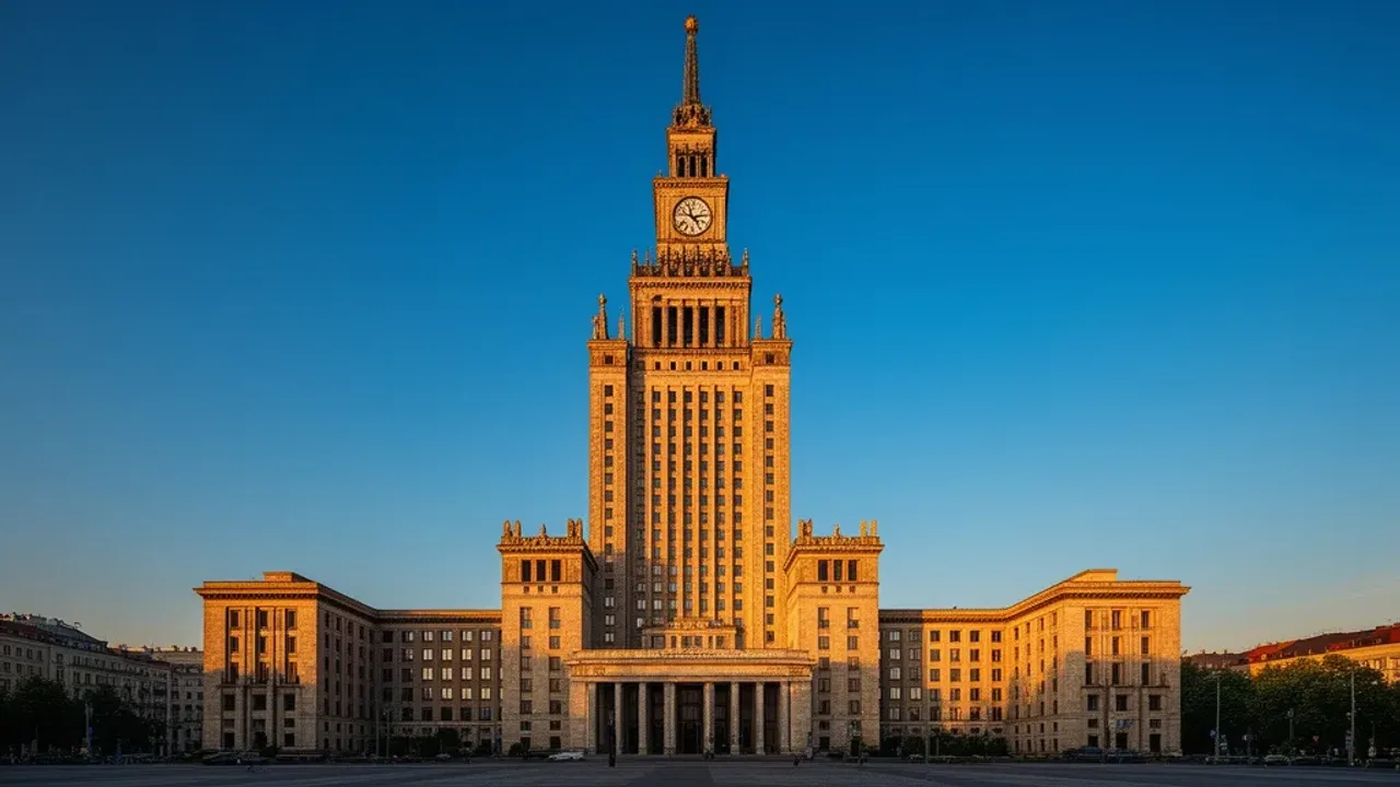 Pałac kultury i nauki w Warszawie: historia pałacu, wysokość 114 metrów Widok na pałac kultury i nauki w Warszawie o zachodzie słońca.