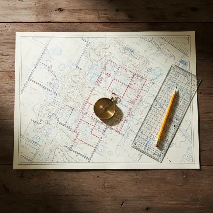 Plan zabudowy lub szkic sytuacyjny skąd wziąć: Mapa, przyłącze prądu, sporządzić szkic Plan zabudowy lub szkic sytuacyjny skąd wziąć - makieta architektoniczna na stole kreślarskim