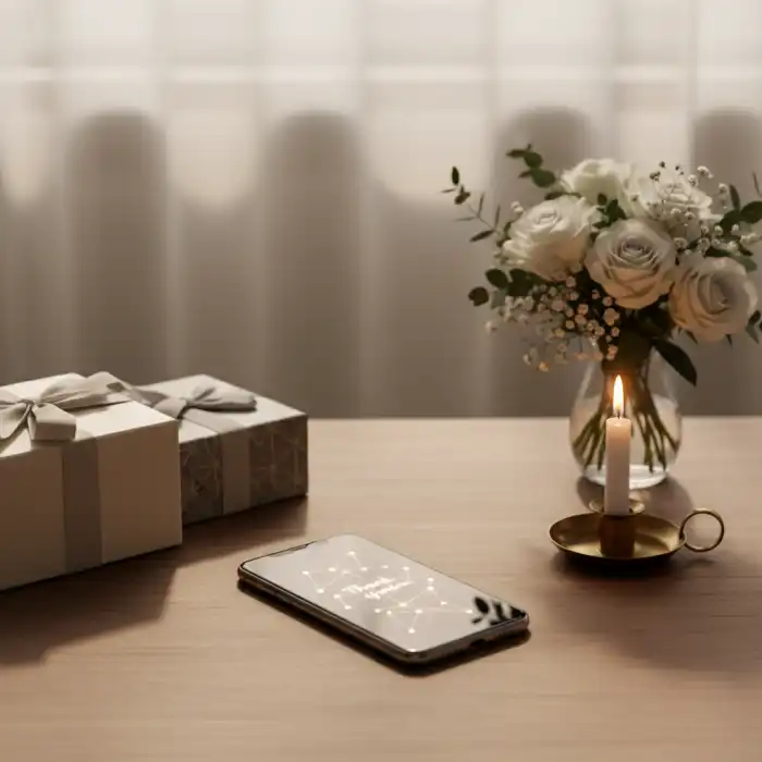 Podziękowania za życzenia urodzinowe: Najpiękniejsze, krótkie wzory i proste, szczere podziękowania Elegancka kompozycja symbolizująca podziękowania za życzenia urodzinowe: odręczna notatka, kwiaty i mały prezent.