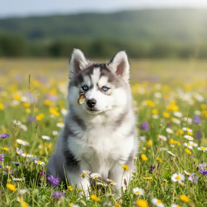 Pomsky: Rasa Designerska, Miniaturowy Husky i Szpic - Opis Rasy Uroczy szczeniak rasy pomsky z niebieskimi oczami, siedzący na łące.