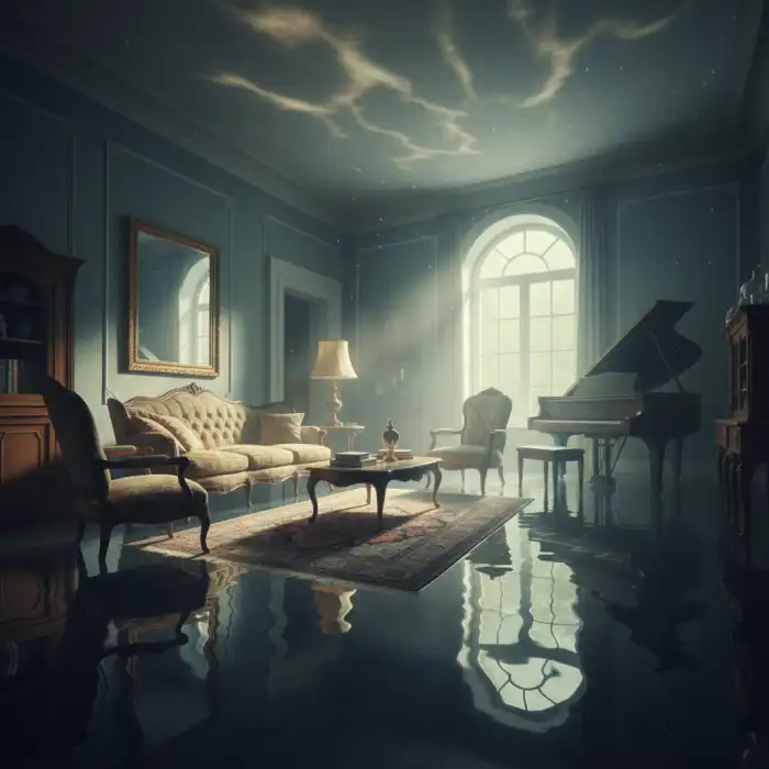 Powódź sennik: Znaczenie snu o powodzi, symbolika i ostrzeżenie Sztormowa, mroczna woda zalewająca dom, symbolizująca emocjonalny chaos i utratę kontroli – obraz do artykułu o powódź sennik.