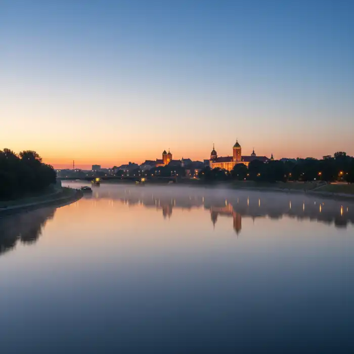 Sennik rzeka: Sen o rzece - Co oznacza? Ukryte znaczenia Sennik rzeka: spokojny nurt rzeki w krajobrazie przypominającym Warszawę.