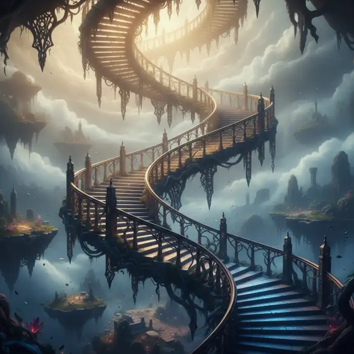 Sennik schody: Sen o schodach – co oznaczają betonowe, kamienne schody i schodzenia w dół? Surrealistyczne schody zroszone mgłą, symbolizujące drogę życiową w senniku schody.