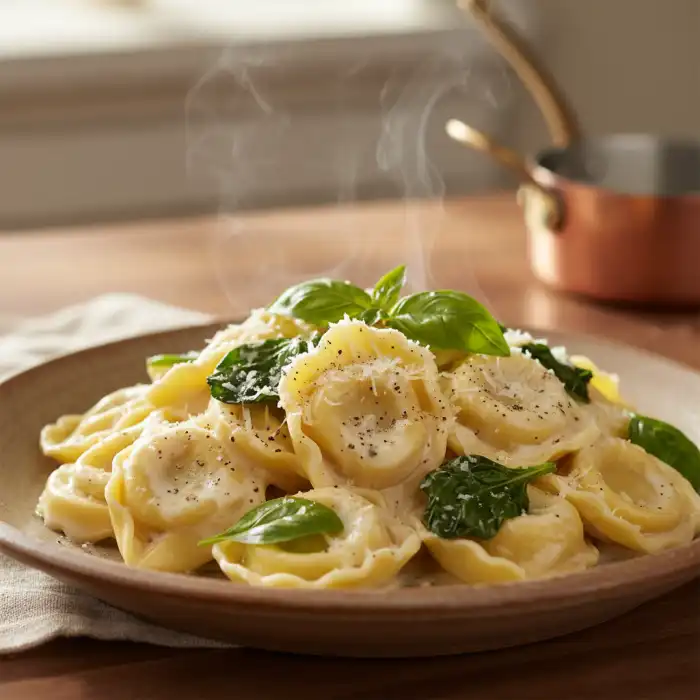 Sos do tortellini: Przepis na szybki obiad ze szpinakiem i szynką Zdjęcie tortellini w kremowym sosie, podkreślające bogactwo sosu do tortellini.