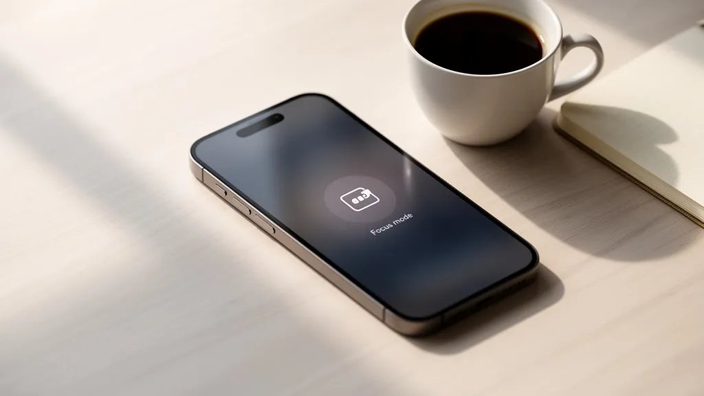 Tryb nie przeszkadzać iPhone — jak w pełni wykorzystać tryb skupienia? Nowoczesny iPhone leżący na biurku z włączonym ustawieniem tryb nie przeszkadzać iphone w jasnym, naturalnym świetle.