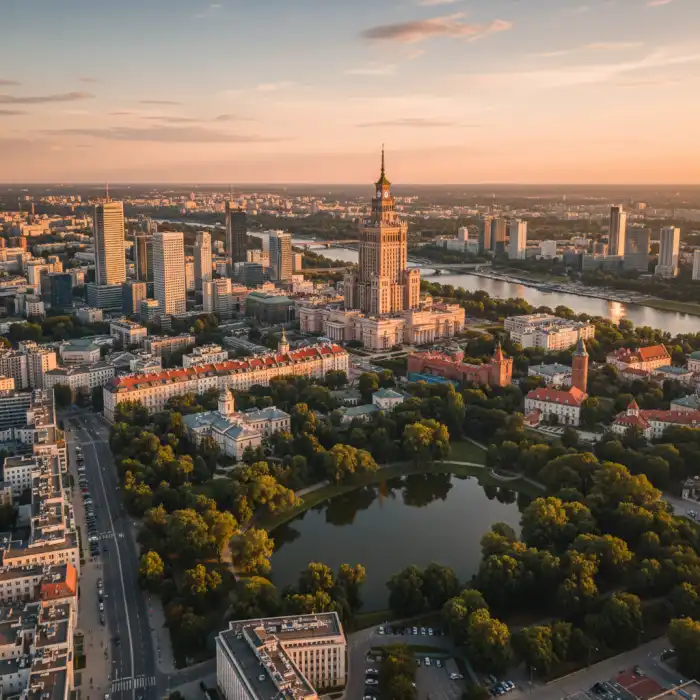 Warszawa atrakcje na weekend: Co zwiedzić w weekend w Warszawie? Warszawa atrakcje na weekend: Widok na panoramę miasta o zmierzchu.
