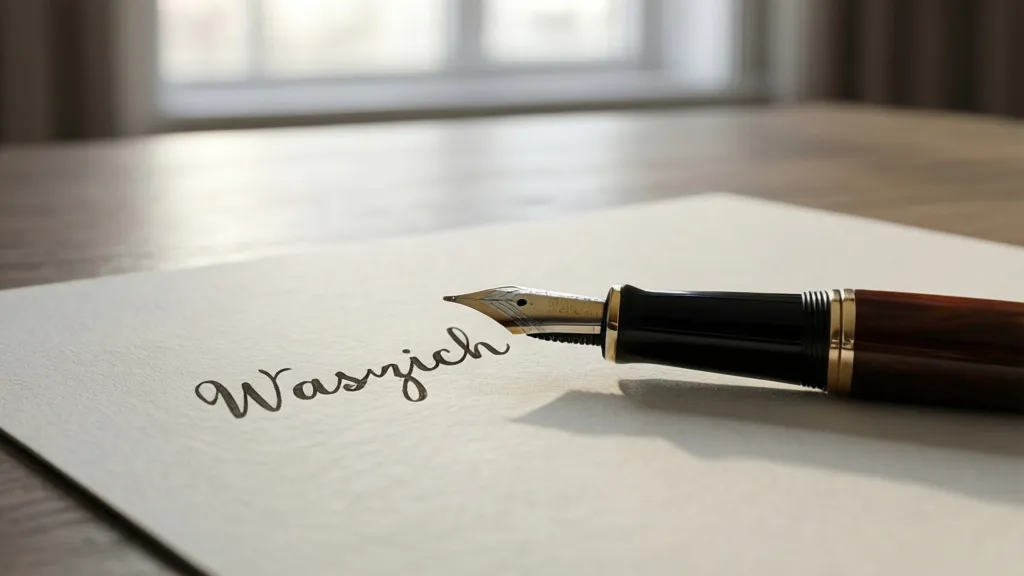 Waszych z dużej czy małej litery – poprawne zasady pisowni Eleganckie pióro wieczne na papierze z odręcznym napisem ilustrujące zasady pisowni waszych z dużej czy małej litery.