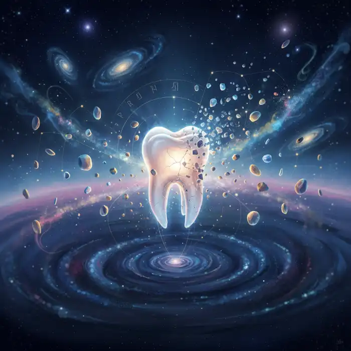 Ząb sennik: Co oznacza sen o zębach? Symbol utraty kontroli i snów o wypadających zębach Surrealistyczny obraz zęba w kosmicznej próżni, symbolizujący interpret