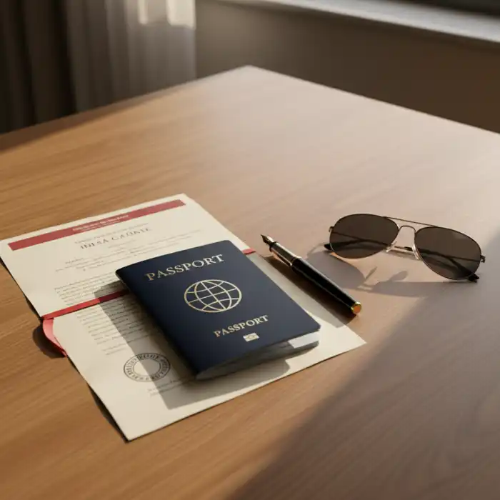 Zgoda na wyjazd dziecka za granicę: Wzór, Rodzic, Notarialny Paszport symbolizujący zgodę na wyjazd dziecka za granicę, leżący obok pióra i kałamarza na tle mapy świata.