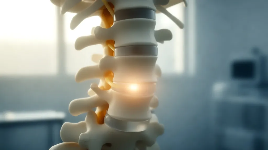 Zwężenie przestrzeni międzykręgowej L5-S1: przyczyny i leczenie Anatomiczny model kręgosłupa lędźwiowego z zaznaczonym obszarem, gdzie występuje zwężenie przestrzeni międzykręgowej L5-S1.